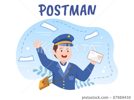 Postman Cartoon Vector Illustration Wearing a Uniform Carrying a Backpack Containing Letters to Send or Placing Envelope in Postal Service Mailbox Postman Cartoon Vector Illustration Wearing a Uniform Carrying a Backpack Containing Letters to Send or Placing Envelope in Postal Service Mailbox 87989430