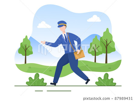Postman Cartoon Vector Illustration Wearing a Uniform Carrying a Backpack Containing Letters to Send or Placing Envelope in Postal Service Mailbox Postman Cartoon Vector Illustration Wearing a Uniform Carrying a Backpack Containing Letters to Send or Placing Envelope in Postal Service Mailbox 87989431