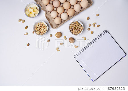 Ketogenic diet. Ingredients for keto diet. High good fat, healthy food. Ingredients for healthy foods selection. Balanced healthy ingredients of unsaturated fats for the heart and blood vessels. 87989823