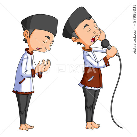 The man is calling the prayer with the mic in the mosque The man is calling the prayer with the mic in the mosque 87989833