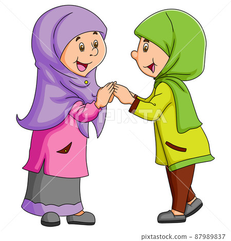 The two girls wearing hijab and meeting with the best friend The two girls wearing hijab and meeting with the best friend 87989837