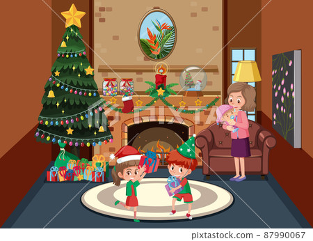Living room decorated for christmas with family... - Stock Illustration ...