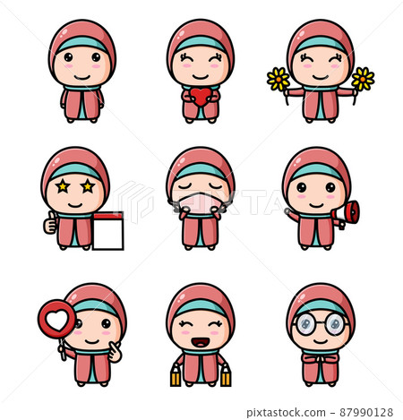 The islamic girl with the veil in the daily activity of the mascot bundle set 87990128
