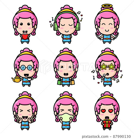 The happy girl with the bright hair in the daily routine of the mascot bundle set 87990130