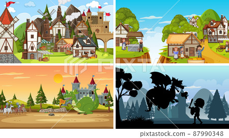 Set of different scene medieval with silhouette Set of different scene medieval with silhouette 87990348