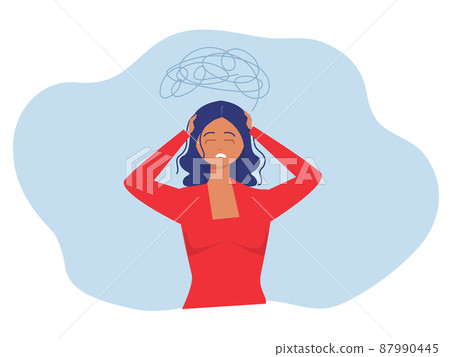 A woman holds her head with her hands, experiencing headache, stress, depression. Isolated design on a white background.Flat vector illustration. A woman holds her head with her hands, experiencing headache, stress, depression. Isolated design on a white background.Flat vector illustration. 87990445