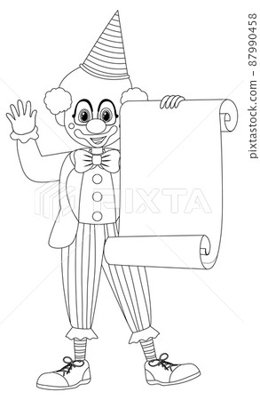 Clown hold paper scroll black and white doodle character Clown hold paper scroll black and white doodle character 87990458