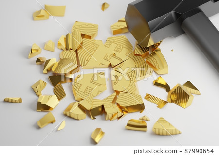 3D rendering gold Bitcoin Break down with hammer fall, Cryptocurrency investment technology digital money crash crisis concept design on white background 87990654