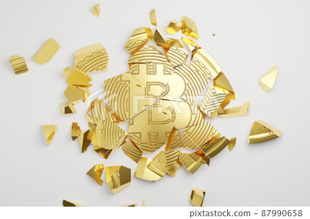 3D rendering gold Bitcoin Break down, Cryptocurrency investment technology digital money crash crisis concept design on white background 87990658