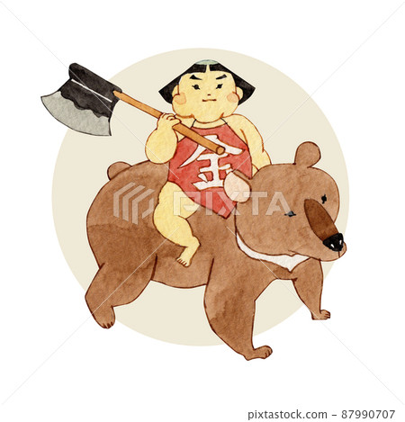 Japanese folk tale Kintaro watercolor illustration 87990707