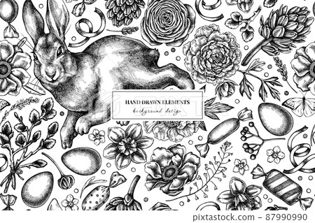 Easter seamless pattern background design. Engraved style. Hand drawn rabbit, eggs, willow branches Easter seamless pattern background design. Engraved style. Hand drawn rabbit, eggs, willow branches 87990990