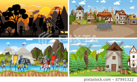 Set of different scene medieval with silhouette Set of different scene medieval with silhouette 87991322
