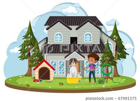 Happy boy washing his dog in front of house cartoon Happy boy washing his dog in front of house cartoon 87991375