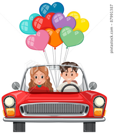Couple in classic car in cartoon style Couple in classic car in cartoon style 87991387