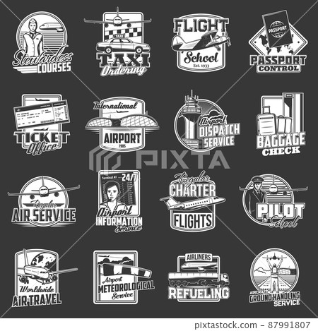 Airport and aviation vector icons. Regular flights and stewardess courses, pilot school, airplane travel. Meteorological and passport control, taxi airlines service, baggage check, ground handling set Airport and aviation vector icons. Regular flights and stewardess courses, pilot school, airplane travel. Meteorological and passport control, taxi airlines service, baggage check, ground handling set 87991807