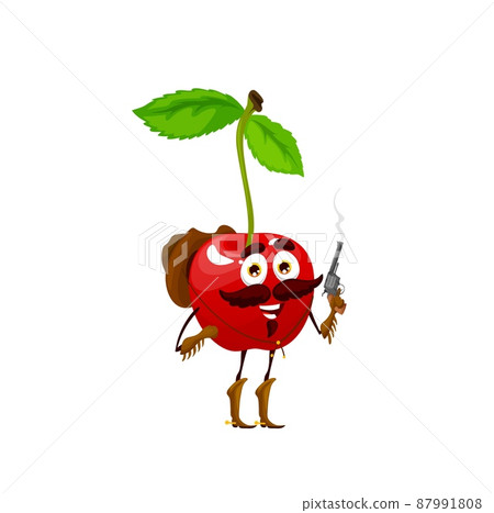 Cartoon cherry cowboy character. Vector berry ranger, bandit, or robber wild west hero with hat on back, boots and steaming gun Western personage healthy food, horseman vitamin kids menu element Cartoon cherry cowboy character. Vector berry ranger, bandit, or robber wild west hero with hat on back, boots and steaming gun Western personage healthy food, horseman vitamin kids menu element 87991808