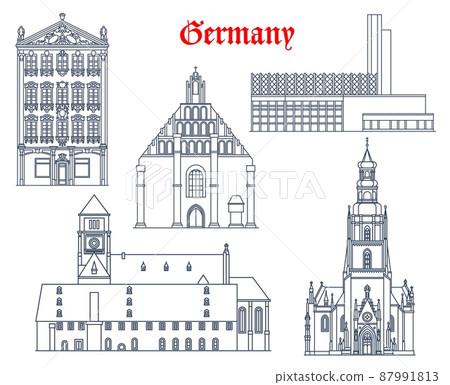 Germany architecture buildings of Chemnitz, Kamenz and Zwickau, vector travel landmarks. German buildings of Siegertsches Haus or Siegert House, Stadthalle city hall, St Mary Church Marienkirche Germany architecture buildings of Chemnitz, Kamenz and Zwickau, vector travel landmarks. German buildings of Siegertsches Haus or Siegert House, Stadthalle city hall, St Mary Church Marienkirche 87991813