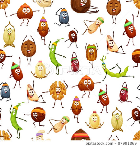 Cartoon nuts and beans seamless pattern, vector background with funny characters on fitness. Cute nuts pattern with walnut or hazelnut and almond on yoga, sunflower seed and peanut on pilates training 87991869