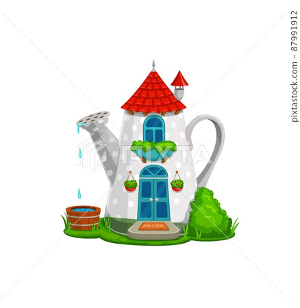 Cartoon fairytale watering can house building or dwelling of elf and gnome, vector village hut. Fairy tale pixie and magic elves house of watering can with garden, chimney and windows Cartoon fairytale watering can house building or dwelling of elf and gnome, vector village hut. Fairy tale pixie and magic elves house of watering can with garden, chimney and windows 87991912