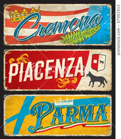 Cremona, Piacenza, Parma italian travel stickers and plates. Italy tourist journey grunge vector postcard or tin sign. European city travel plates with medieval Coat of Arms and cities flags symbols Cremona, Piacenza, Parma italian travel stickers and plates. Italy tourist journey grunge vector postcard or tin sign. European city travel plates with medieval Coat of Arms and cities flags symbols 87991913