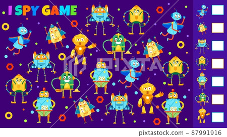 Cartoon robots, I spy game worksheet and kids puzzle, vector tabletop riddle. Education puzzle game I spy to find and match funny robot toys characters, androids and alien space cyborgs Cartoon robots, I spy game worksheet and kids puzzle, vector tabletop riddle. Education puzzle game I spy to find and match funny robot toys characters, androids and alien space cyborgs 87991916