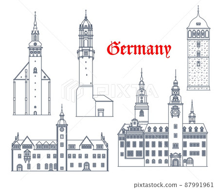 Germany buildings architecture of Freiburg, Schneeberg, Chemnitz and Bautzen, vector travel landmarks. German buildings of St Wolfgang Kirche church, town hall Rathaus and Reichenturm tower Germany buildings architecture of Freiburg, Schneeberg, Chemnitz and Bautzen, vector travel landmarks. German buildings of St Wolfgang Kirche church, town hall Rathaus and Reichenturm tower 87991961