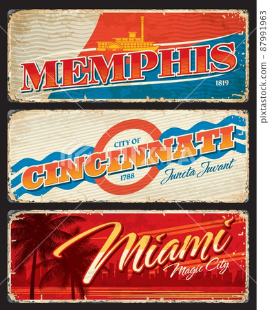 Memphis, Cincinnati and Miami american cities plates and travel stickers. United States of America grunge tin plate, vector banner with worn sides, American city symbols. USA retro souvenir card Memphis, Cincinnati and Miami american cities plates and travel stickers. United States of America grunge tin plate, vector banner with worn sides, American city symbols. USA retro souvenir card 87991963