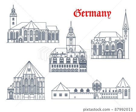 Germany buildings of Augsburg, Torgau, Mortizburg and Naumburg, vector architecture. German landmark buildings of St Mary Church Marienkirche, Augsburger Dom cathedral and Saint Wenzel Stadtkirche Germany buildings of Augsburg, Torgau, Mortizburg and Naumburg, vector architecture. German landmark buildings of St Mary Church Marienkirche, Augsburger Dom cathedral and Saint Wenzel Stadtkirche 87992013