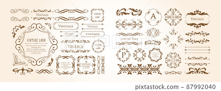 春天植物主題框架集。復古花。裝飾設計。時尚的治療 87992040