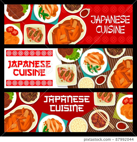 Japanese food restaurant meals banners. Pork with ginger, Teriyaki chicken and fried pork with mustard, chicken wings, giblet stew and butaniku no shoga-yaki, fried liver, miso with asparagus vector Japanese food restaurant meals banners. Pork with ginger, Teriyaki chicken and fried pork with mustard, chicken wings, giblet stew and butaniku no shoga-yaki, fried liver, miso with asparagus vector 87992044