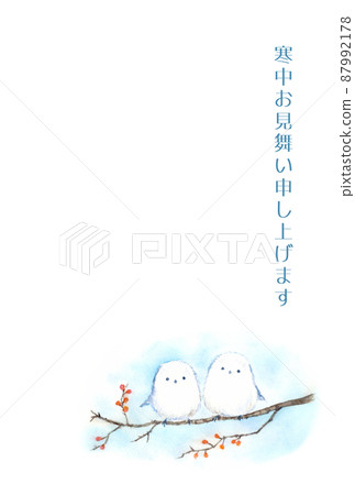 Winter postcard template: Long-tailed tit drawn in watercolor 87992178