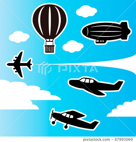 Icons, vehicles, silhouettes, airplanes, balloons, airships, clouds, shadow art, paper cutouts, decorations, white borders, illustration set Icons, vehicles, silhouettes, airplanes, balloons, airships, clouds, shadow art, paper cutouts, decorations, white borders, illustration set 87993069