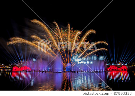 Beautiful fireworks in the night sky. 87993333