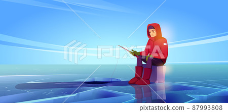 Man on ice fishing on frozen lake in winter Man on ice fishing on frozen lake in winter 87993808