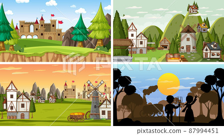 Set of different scene medieval with silhouette Set of different scene medieval with silhouette 87994451
