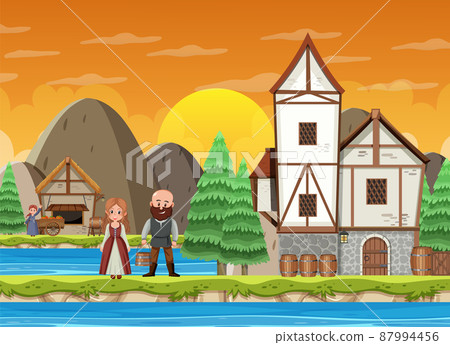 Medieval town scene with villagers Medieval town scene with villagers 87994456