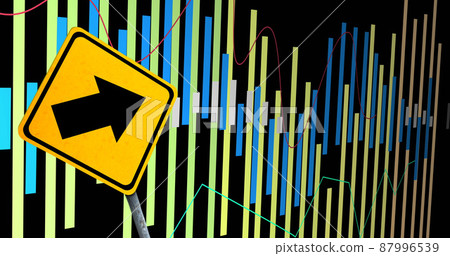 Image of financial data processing and road sign over black background 87996539