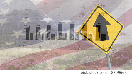 Image of financial data processing and road sign over flag of usa and landscape Image of financial data processing and road sign over flag of usa and landscape 87996681