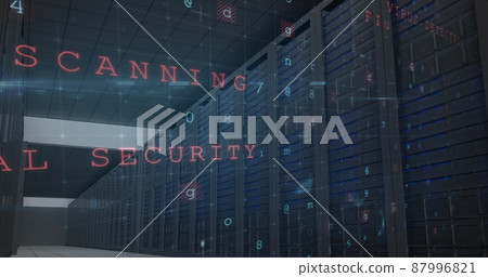 Image of cyber attack warning with letters and numbers over server room 87996821