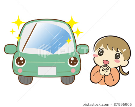 A woman is excited to see the new windshield wipers of her car 87996906
