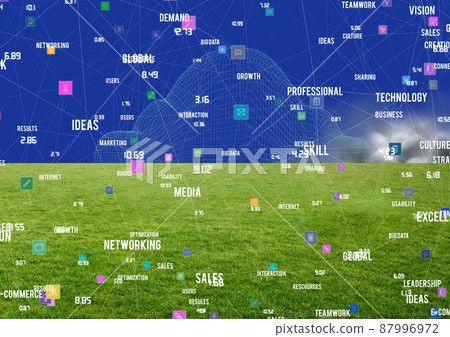 Network of digital icons and business concept texts against cloud icon, green grass and blue sky Network of digital icons and business concept texts against cloud icon, green grass and blue sky 87996972