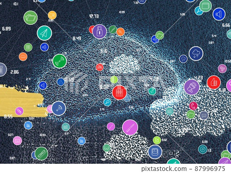 Network of digital icons and business concept texts against cloud icons on blue background Network of digital icons and business concept texts against cloud icons on blue background 87996975