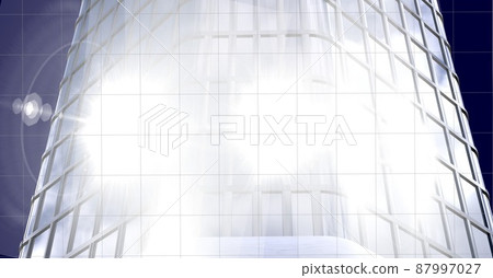 Spots of lights over tall building model against blue background Spots of lights over tall building model against blue background 87997027