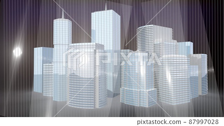 Spots of lights over 3d city model against black background Spots of lights over 3d city model against black background 87997028