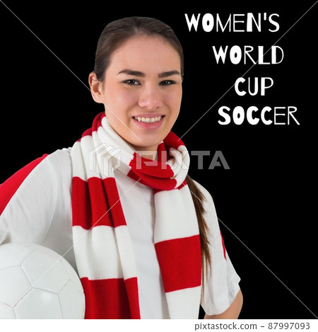 Womens world cup soccer text banner against asian female soccer player holding a soccer ball 87997093