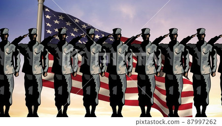 Digitally generated image of military soldiers saluting side by side against america flag Digitally generated image of military soldiers saluting side by side against america flag 87997262