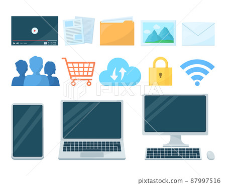 與電腦/智慧型手機/裝置等線上工作相關的插圖素材集 87997516