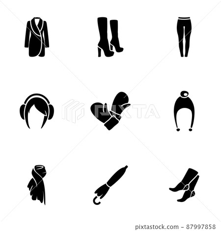 Set of simple icons on a theme women's clothing, vector, design, collection, flat, sign, symbol,element, object, illustration, isolated. White background 87997858