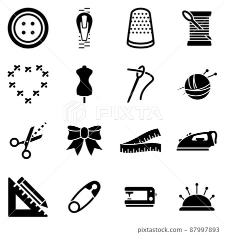 Set of simple icons on a theme sewing equipment and needlework, vector, design, collection, flat, sign, symbol,element, object, illustration. Black icons isolated against white background 87997893