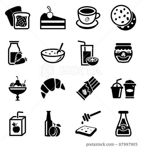 Set of simple icons on a theme Sweets, drinks, food, vector, design, collection, flat, sign, symbol,element, object, illustration. Black icons isolated against white background Set of simple icons on a theme Sweets, drinks, food, vector, design, collection, flat, sign, symbol,element, object, illustration. Black icons isolated against white background 87997905
